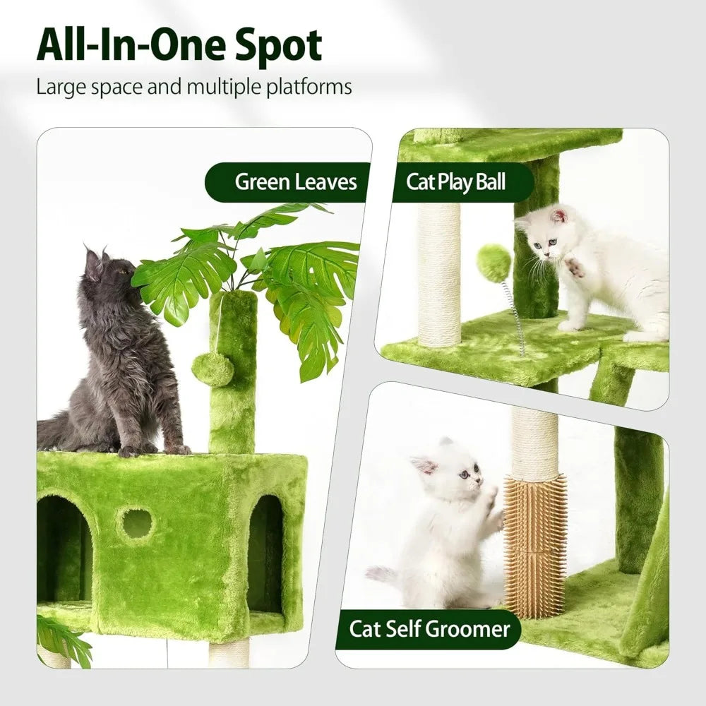 Large Cat Tree with Leaves for Indoor Cats Large Adult,65" Green Cat Tower with Scratching Post,Hanging Hammock,Cozy Perch,Swing