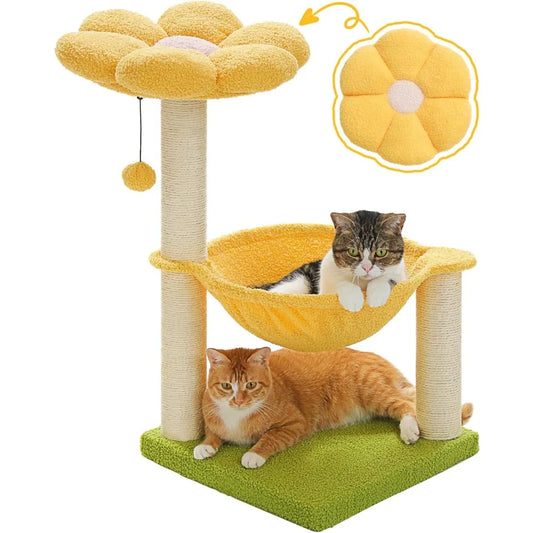 1 Unit Yellow Flower Cat Tree 28" – Top Perch, Large Hammock, Scratching Post – Toy Ball – for Kittens, Small Indoor Cats