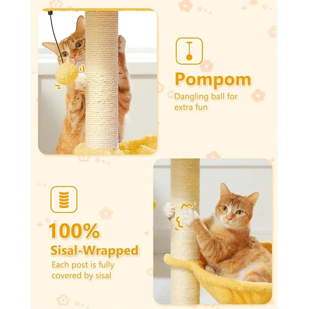 1 Unit Yellow Flower Cat Tree 28" – Top Perch, Large Hammock, Scratching Post – Toy Ball – for Kittens, Small Indoor Cats