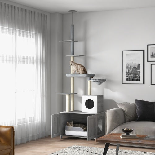 Floor-to-Ceiling Cat Tree with Hidden Litter Box Enclosure