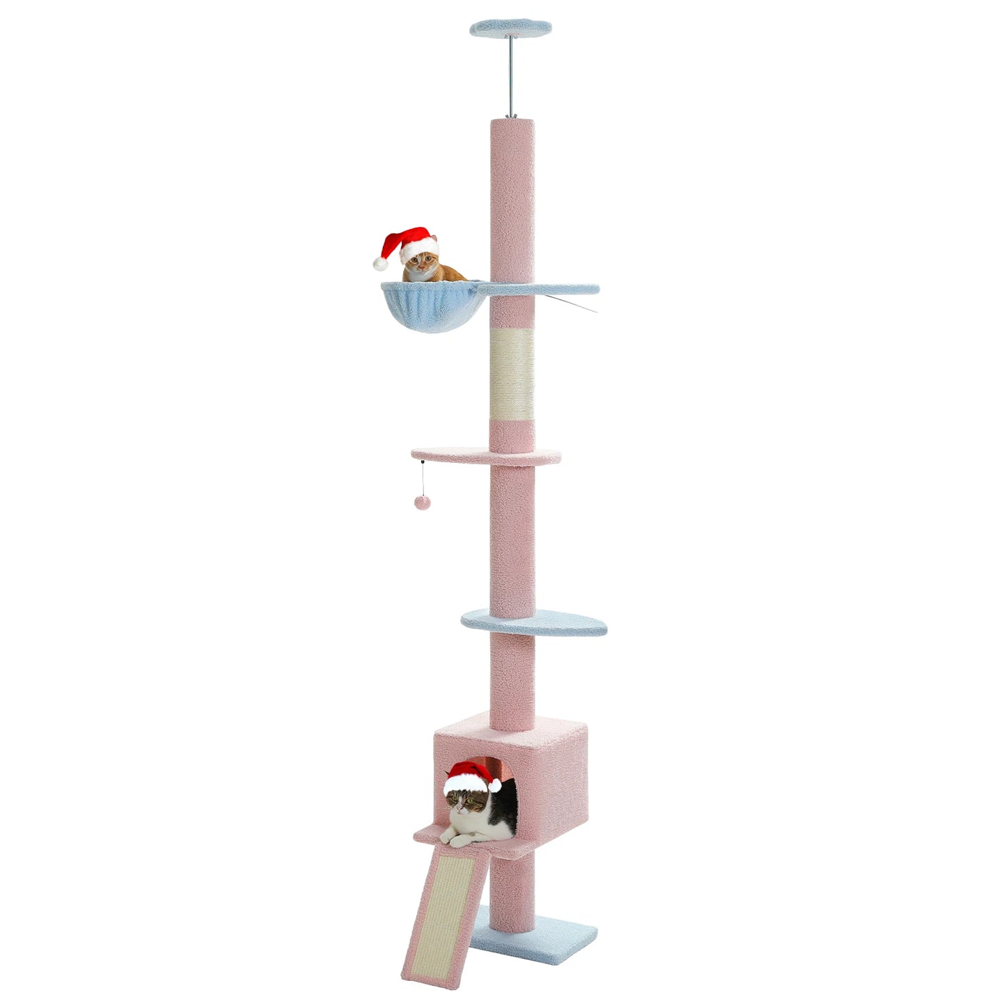 5 Tiers Floor to Ceiling Cat Tree Tower Climbing Tree Adjustable Height for Indoor Cats with Condo Scratching Post Ladders