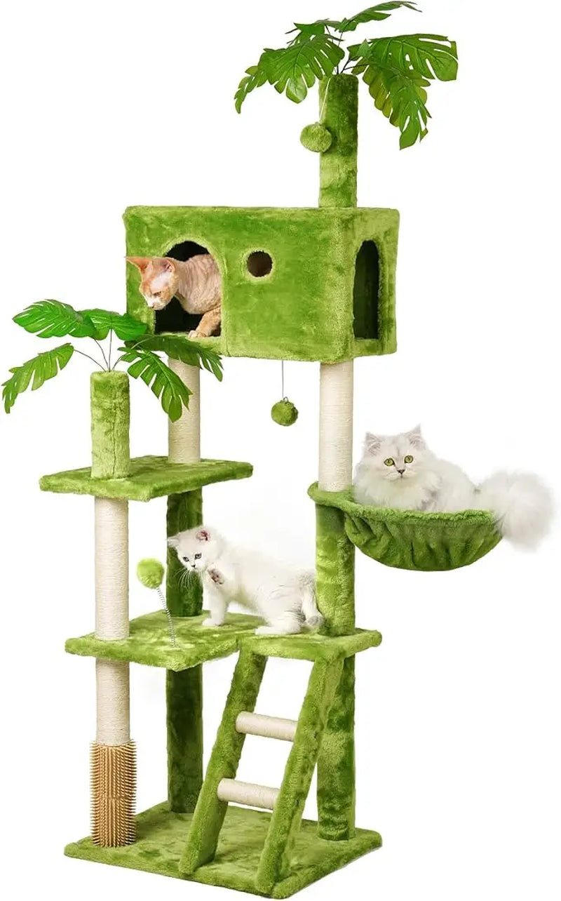 Large Cat Tree with Leaves for Indoor Cats Large Adult,65" Green Cat Tower with Scratching Post,Hanging Hammock,Cozy Perch,Swing