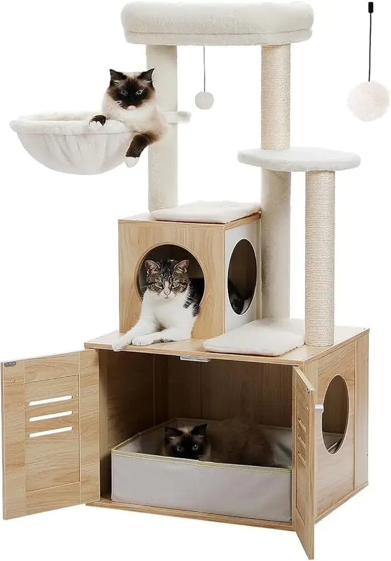 Cat Tree with Litter Box Enclosure, 50" Modern Cat Tree for Large/Fat Cats with Cat Condo, Wooden Cat Furniture with Large Hammo