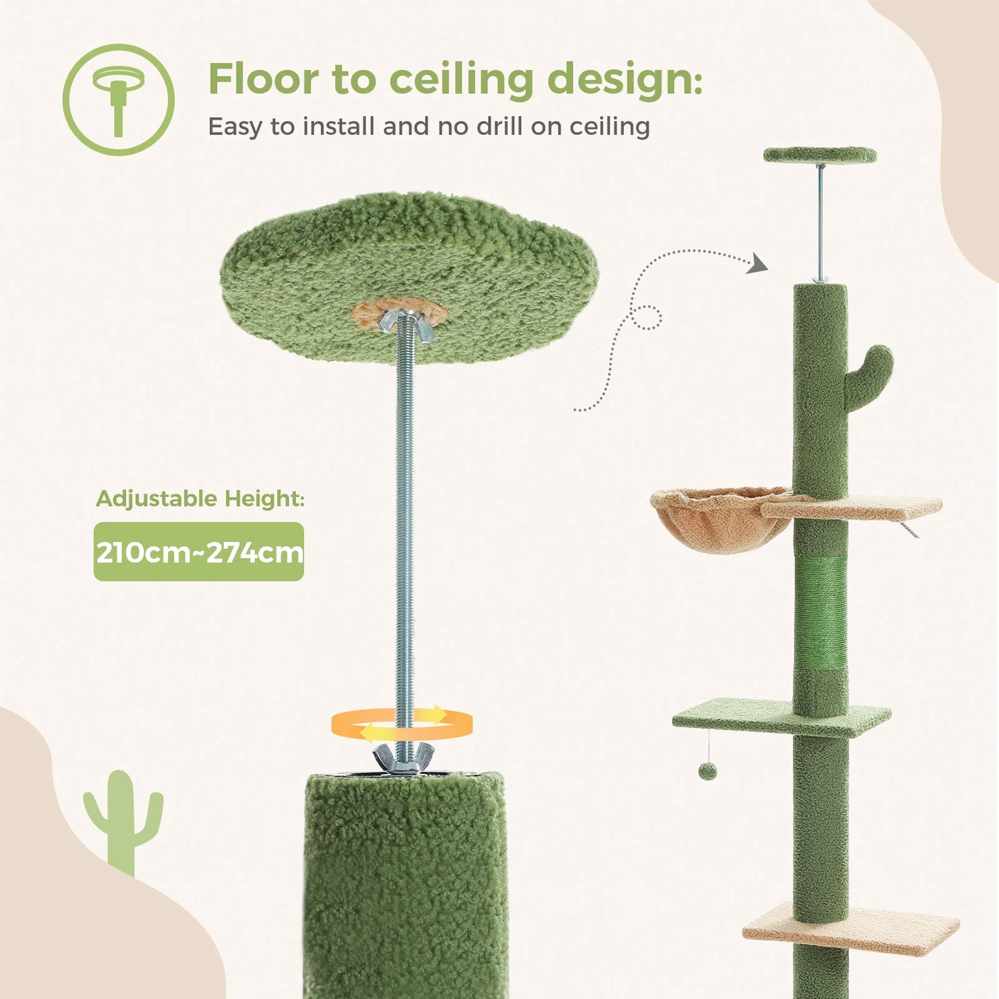 5 Tiers Floor to Ceiling Cat Tree Tower Climbing Tree Adjustable Height for Indoor Cats with Condo Scratching Post Ladders