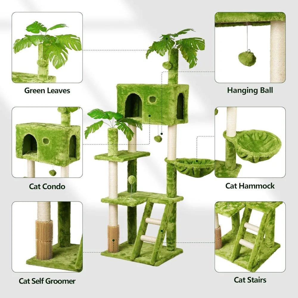 Large Cat Tree with Leaves for Indoor Cats Large Adult,65" Green Cat Tower with Scratching Post,Hanging Hammock,Cozy Perch,Swing