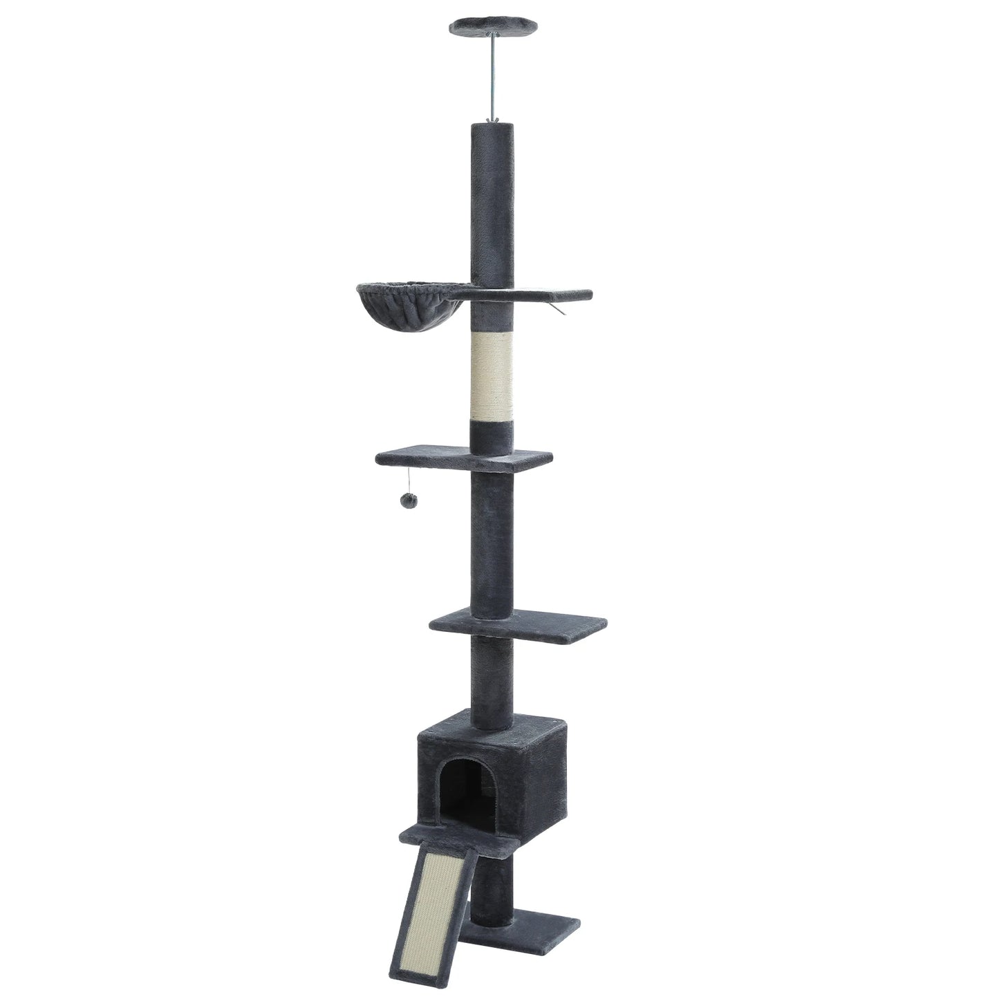5 Tiers Floor to Ceiling Cat Tree Tower Climbing Tree Adjustable Height for Indoor Cats with Condo Scratching Post Ladders