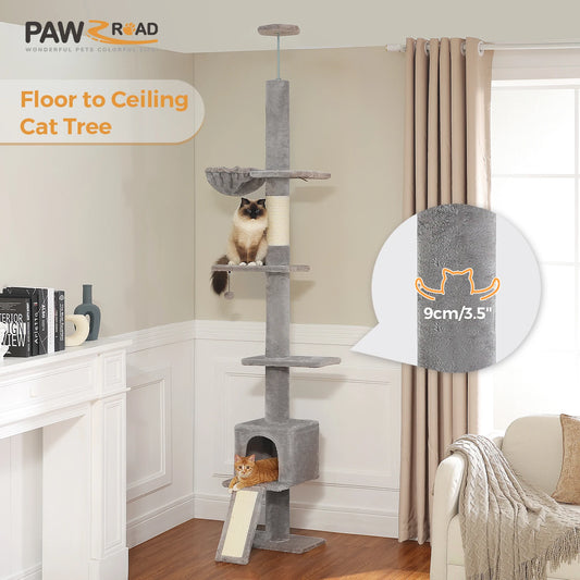 5 Tiers Floor to Ceiling Cat Tree Tower Climbing Tree Adjustable Height for Indoor Cats with Condo Scratching Post Ladders