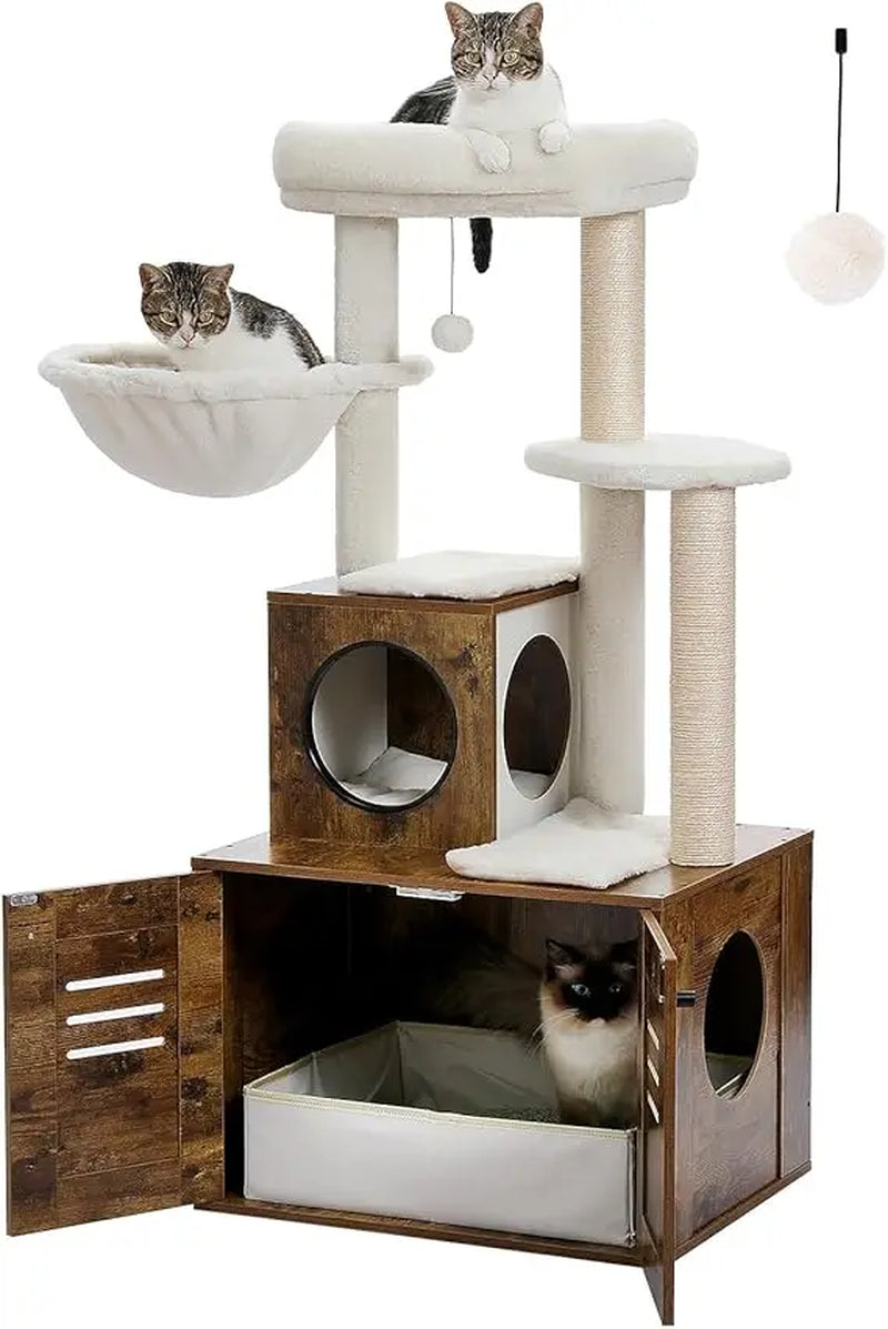 Cat Tree with Litter Box Enclosure, 50" Modern Cat Tree for Large/Fat Cats with Cat Condo, Wooden Cat Furniture with Large Hammo