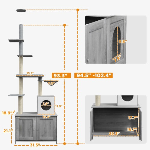 Floor-to-Ceiling Cat Tree with Hidden Litter Box Enclosure
