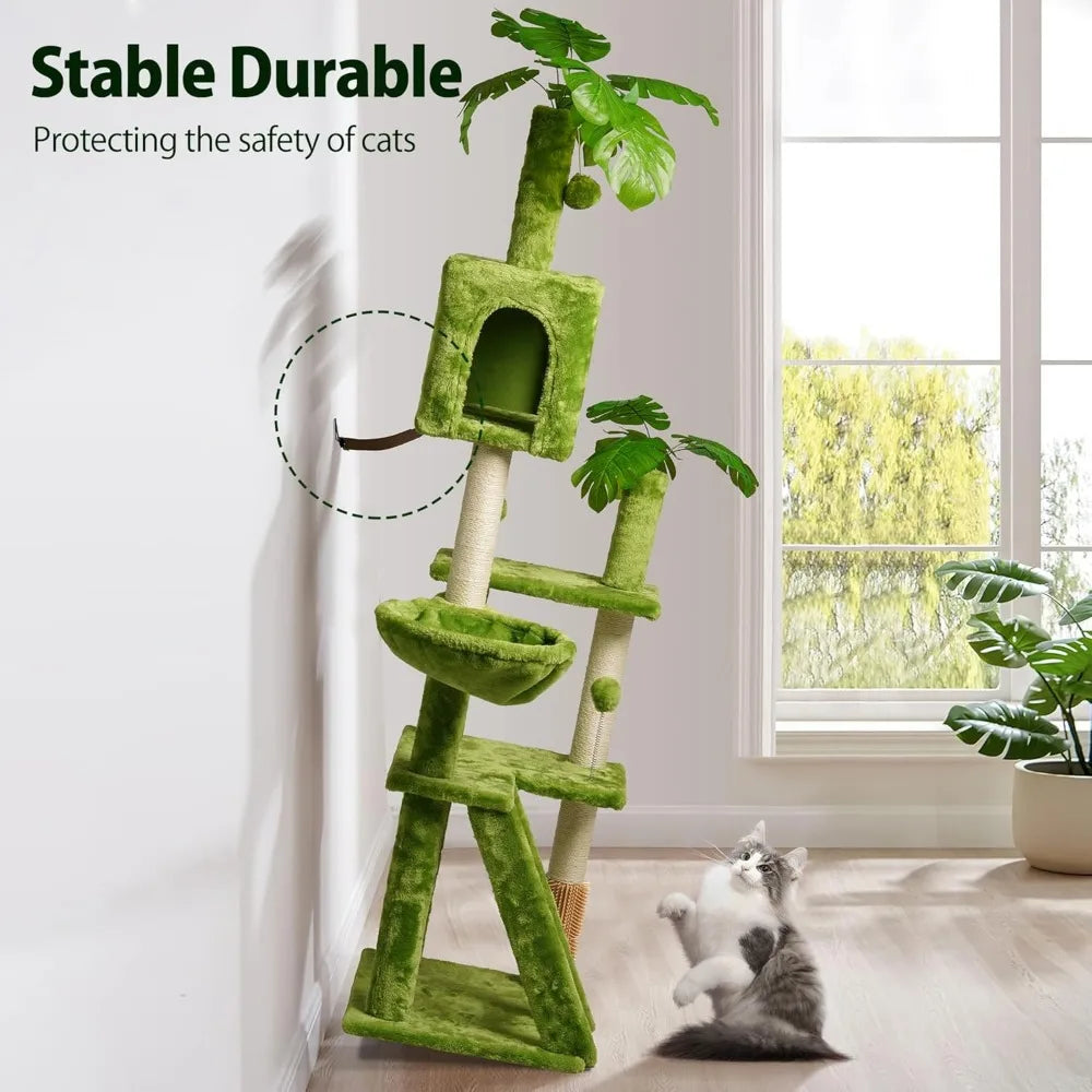 Large Cat Tree with Leaves for Indoor Cats Large Adult,65" Green Cat Tower with Scratching Post,Hanging Hammock,Cozy Perch,Swing