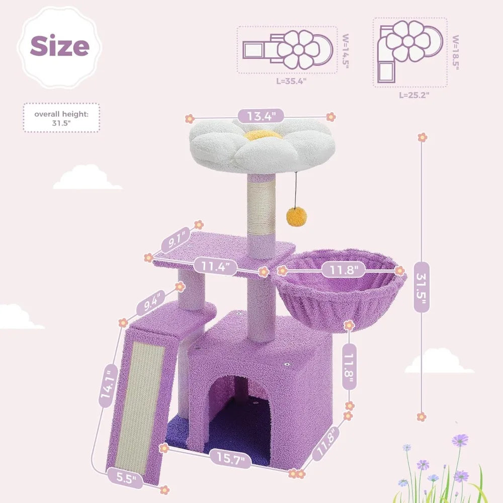 PETEPELA Flower Cat Tree for Indoor Cats, 32'' Small Cat Tower Cat Condo with Sisal Scratching Ramp, Cozy Hammock and Removable