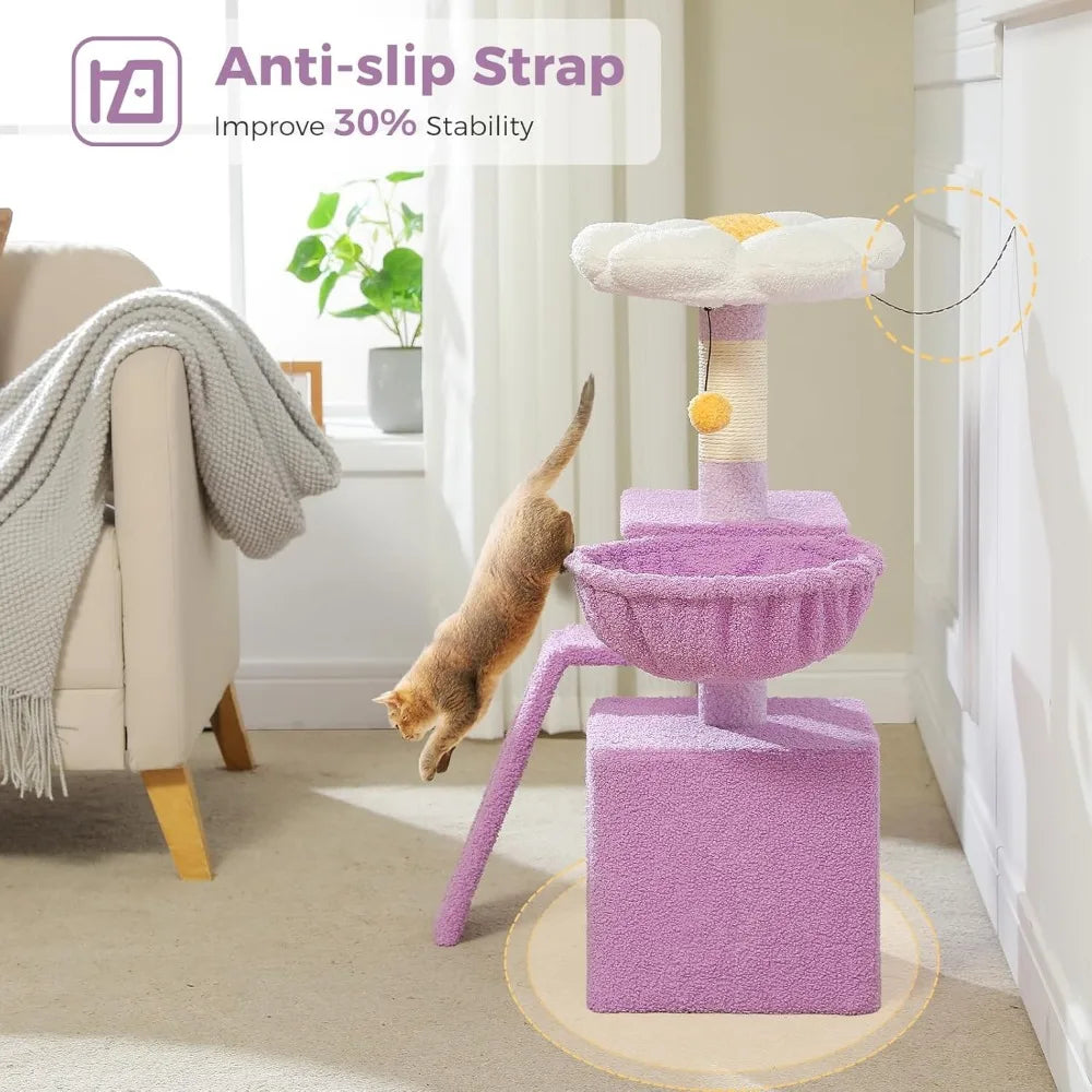 PETEPELA Flower Cat Tree for Indoor Cats, 32'' Small Cat Tower Cat Condo with Sisal Scratching Ramp, Cozy Hammock and Removable