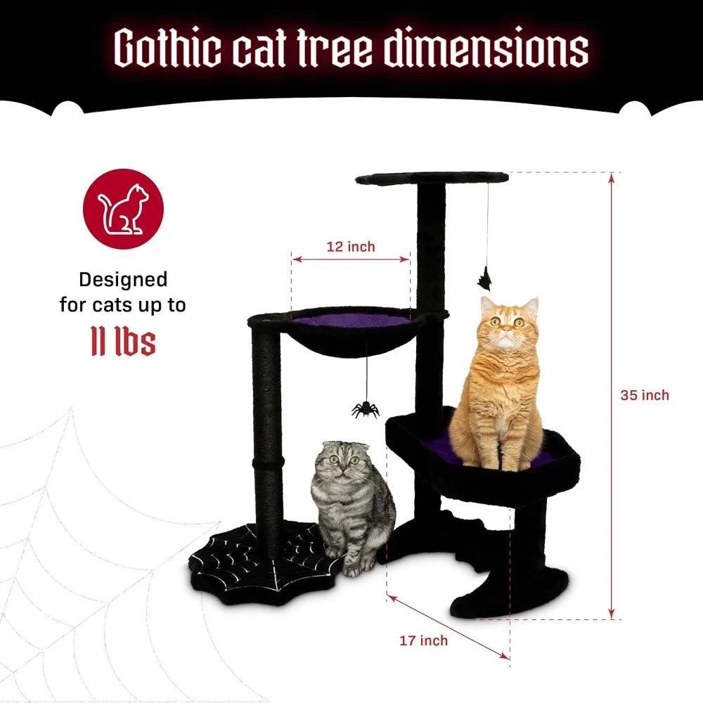 Gothic Cat Tree with Coffin Cat Bed, Hammock, Spider & Bat Goth Cat Toys