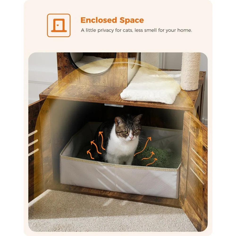 Cat Tree with Litter Box Enclosure, 50" Modern Cat Tree for Large/Fat Cats with Cat Condo, Wooden Cat Furniture with Large Hammo