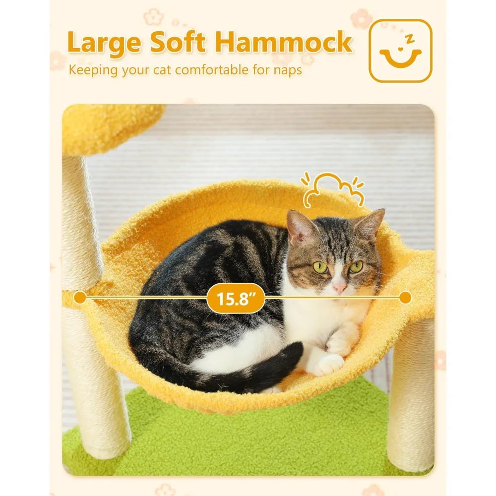 1 Unit Yellow Flower Cat Tree 28" – Top Perch, Large Hammock, Scratching Post – Toy Ball – for Kittens, Small Indoor Cats