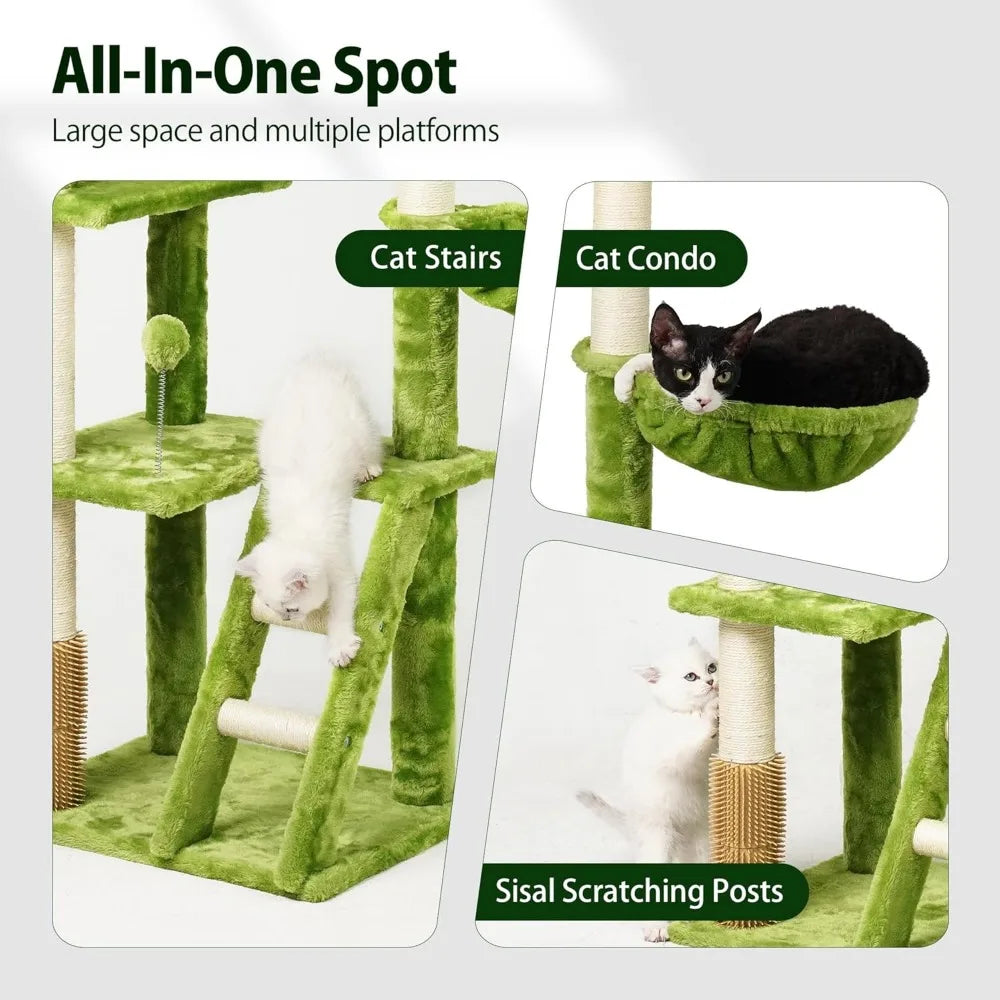 Large Cat Tree with Leaves for Indoor Cats Large Adult,65" Green Cat Tower with Scratching Post,Hanging Hammock,Cozy Perch,Swing