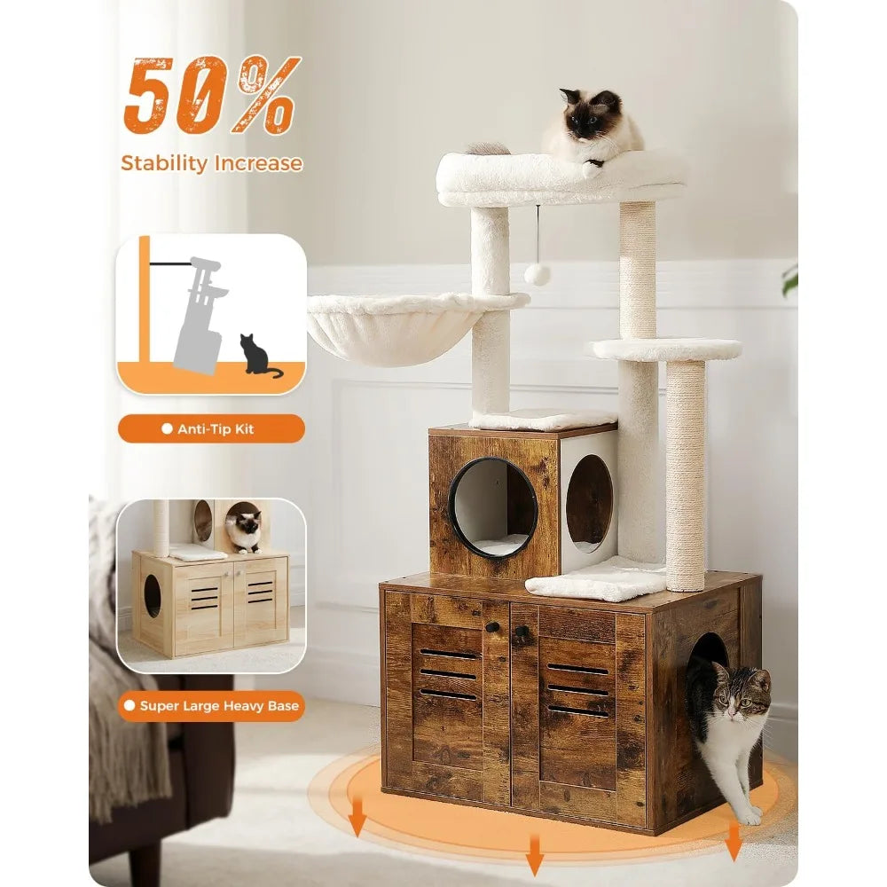 Cat Tree with Litter Box Enclosure, 50" Modern Cat Tree for Large/Fat Cats with Cat Condo, Wooden Cat Furniture with Large Hammo