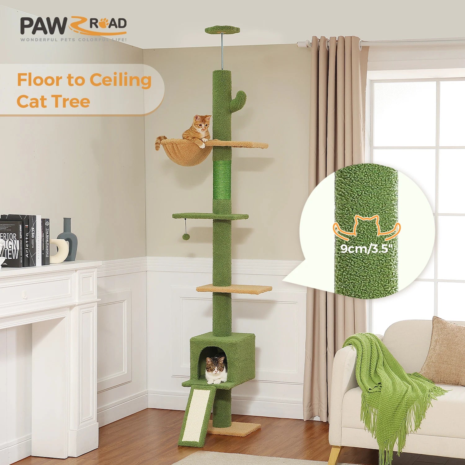 5 Tiers Floor to Ceiling Cat Tree Tower Climbing Tree Adjustable Height for Indoor Cats with Condo Scratching Post Ladders