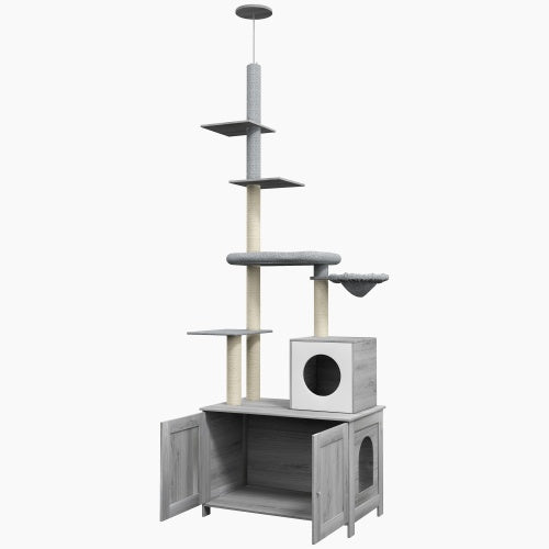 Floor-to-Ceiling Cat Tree with Hidden Litter Box Enclosure