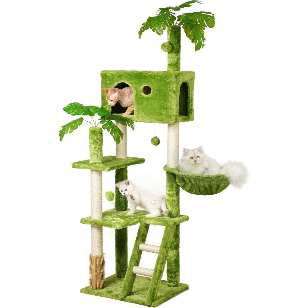 Large Cat Tree with Leaves for Indoor Cats Large Adult,65" Green Cat Tower with Scratching Post,Hanging Hammock,Cozy Perch,Swing