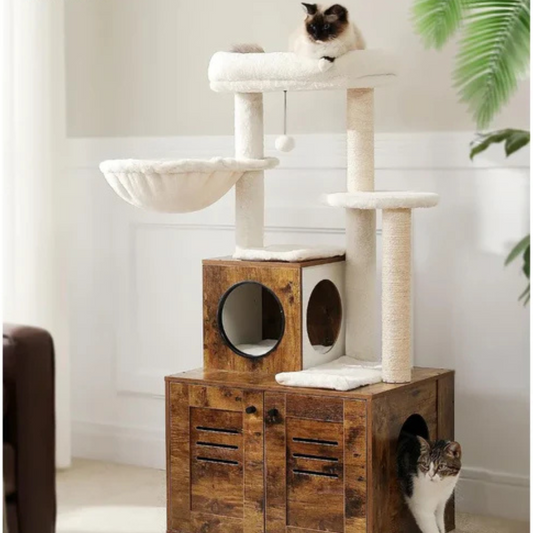 Modern Wooden Cat Tree with Hidden Litter Box Enclosure