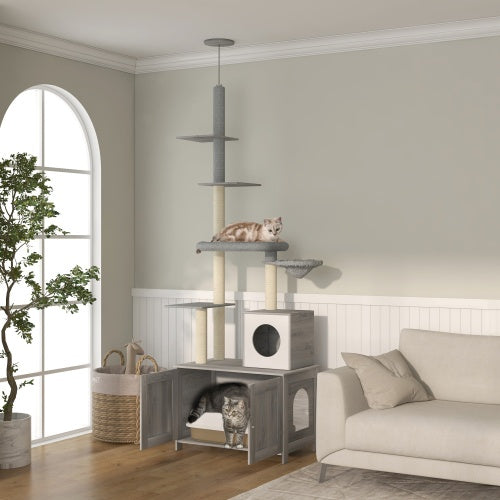Floor-to-Ceiling Cat Tree with Hidden Litter Box Enclosure