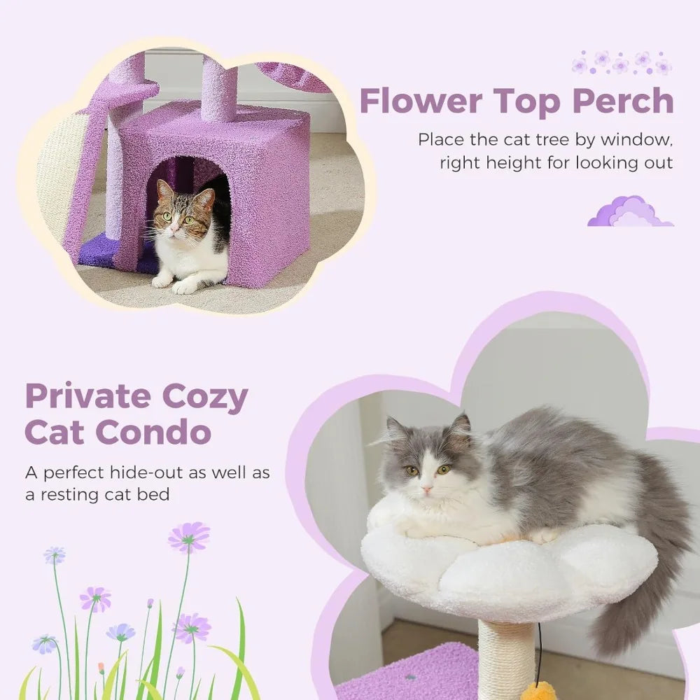 PETEPELA Flower Cat Tree for Indoor Cats, 32'' Small Cat Tower Cat Condo with Sisal Scratching Ramp, Cozy Hammock and Removable