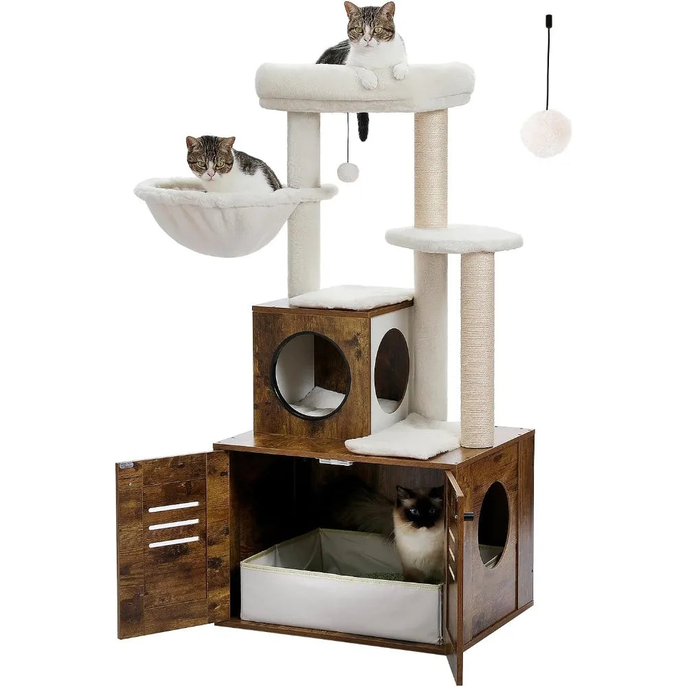 Cat Tree with Litter Box Enclosure, 50" Modern Cat Tree for Large/Fat Cats with Cat Condo, Wooden Cat Furniture with Large Hammo