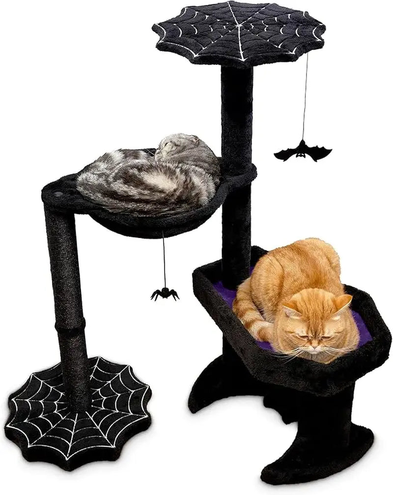 Gothic Cat Tree with Coffin Cat Bed, Hammock, Spider & Bat Goth Cat Toys