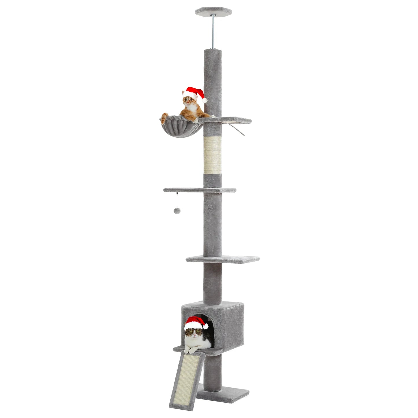 5 Tiers Floor to Ceiling Cat Tree Tower Climbing Tree Adjustable Height for Indoor Cats with Condo Scratching Post Ladders