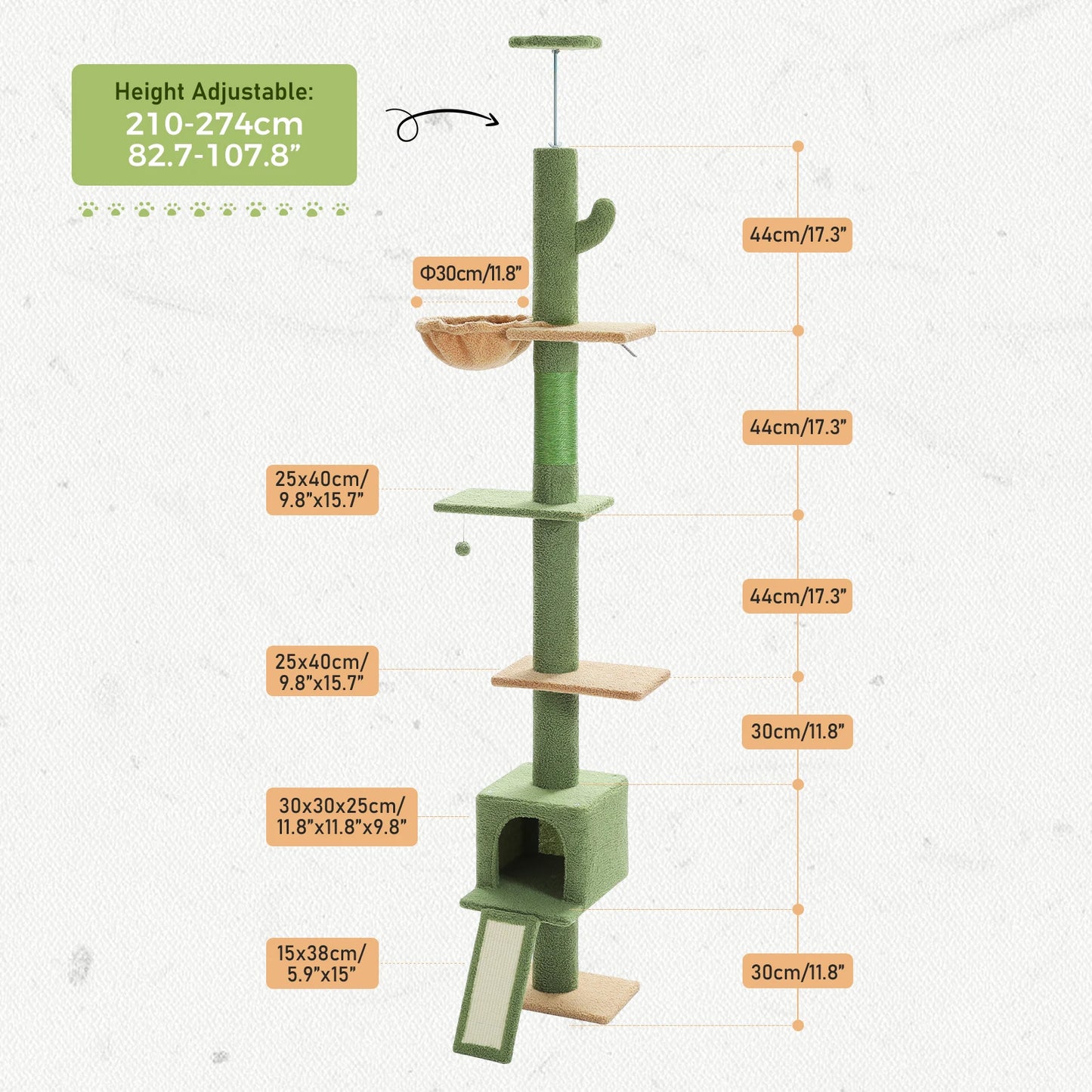 5 Tiers Floor to Ceiling Cat Tree Tower Climbing Tree Adjustable Height for Indoor Cats with Condo Scratching Post Ladders