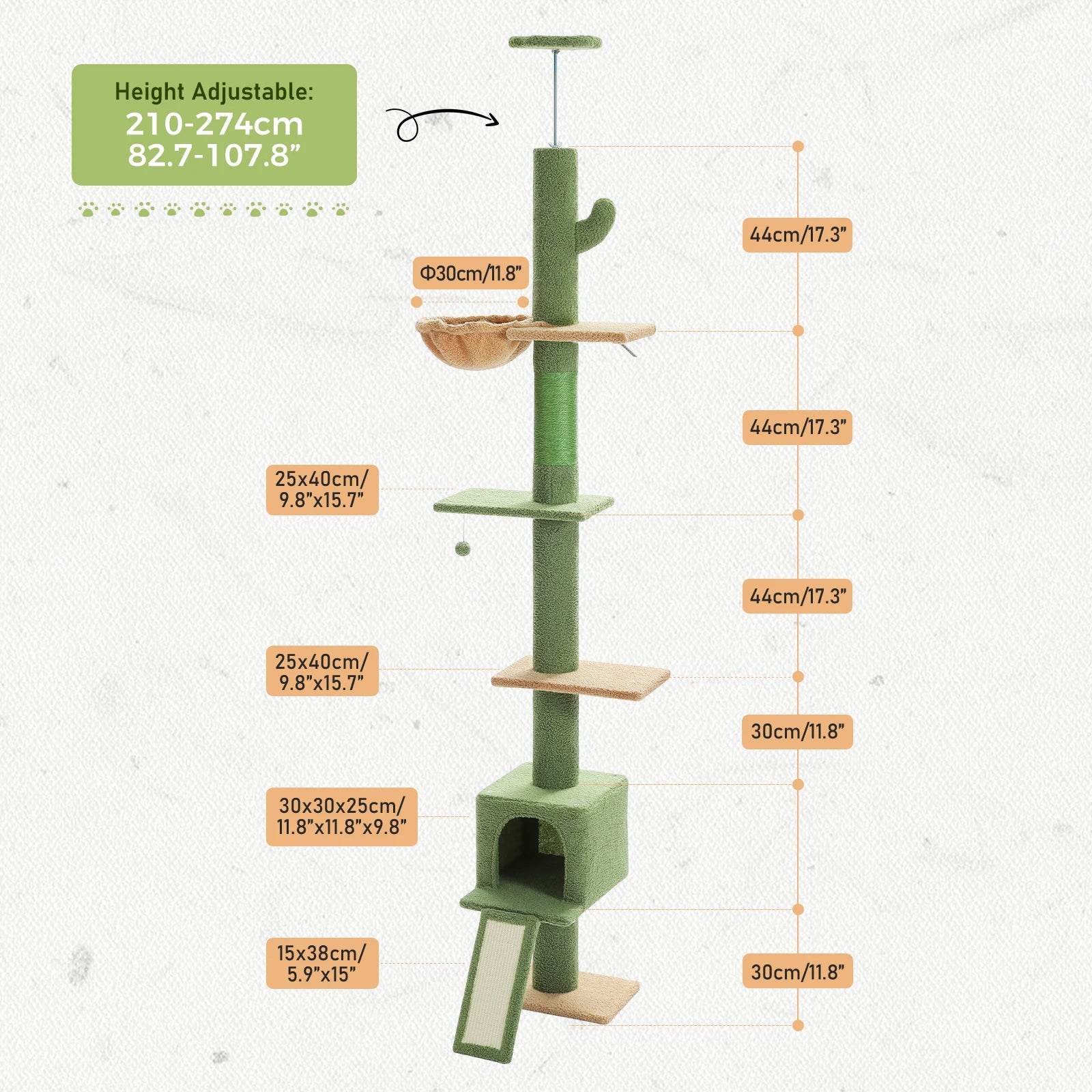 5 Tiers Floor to Ceiling Cat Tree Tower Climbing Tree Adjustable Height for Indoor Cats with Condo Scratching Post Ladders