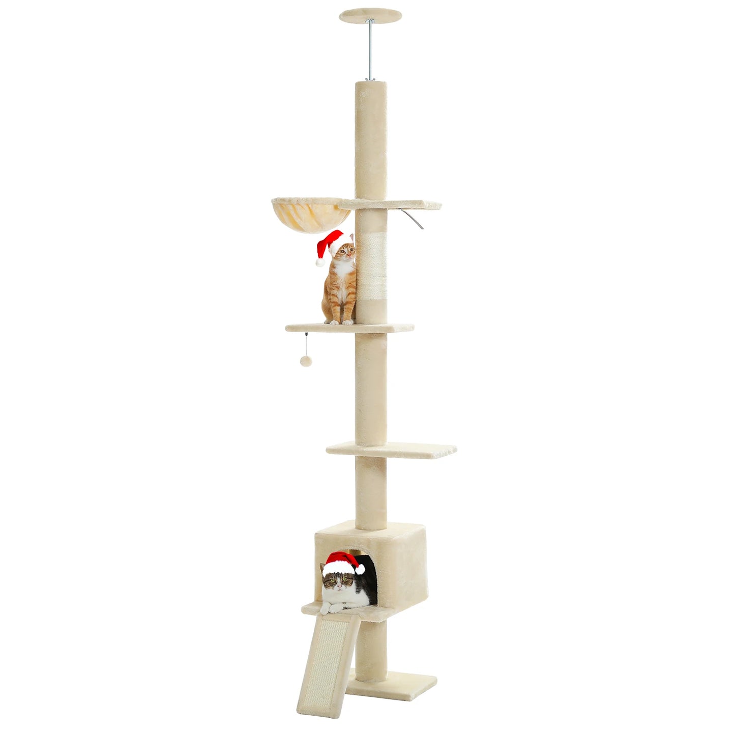 5 Tiers Floor to Ceiling Cat Tree Tower Climbing Tree Adjustable Height for Indoor Cats with Condo Scratching Post Ladders