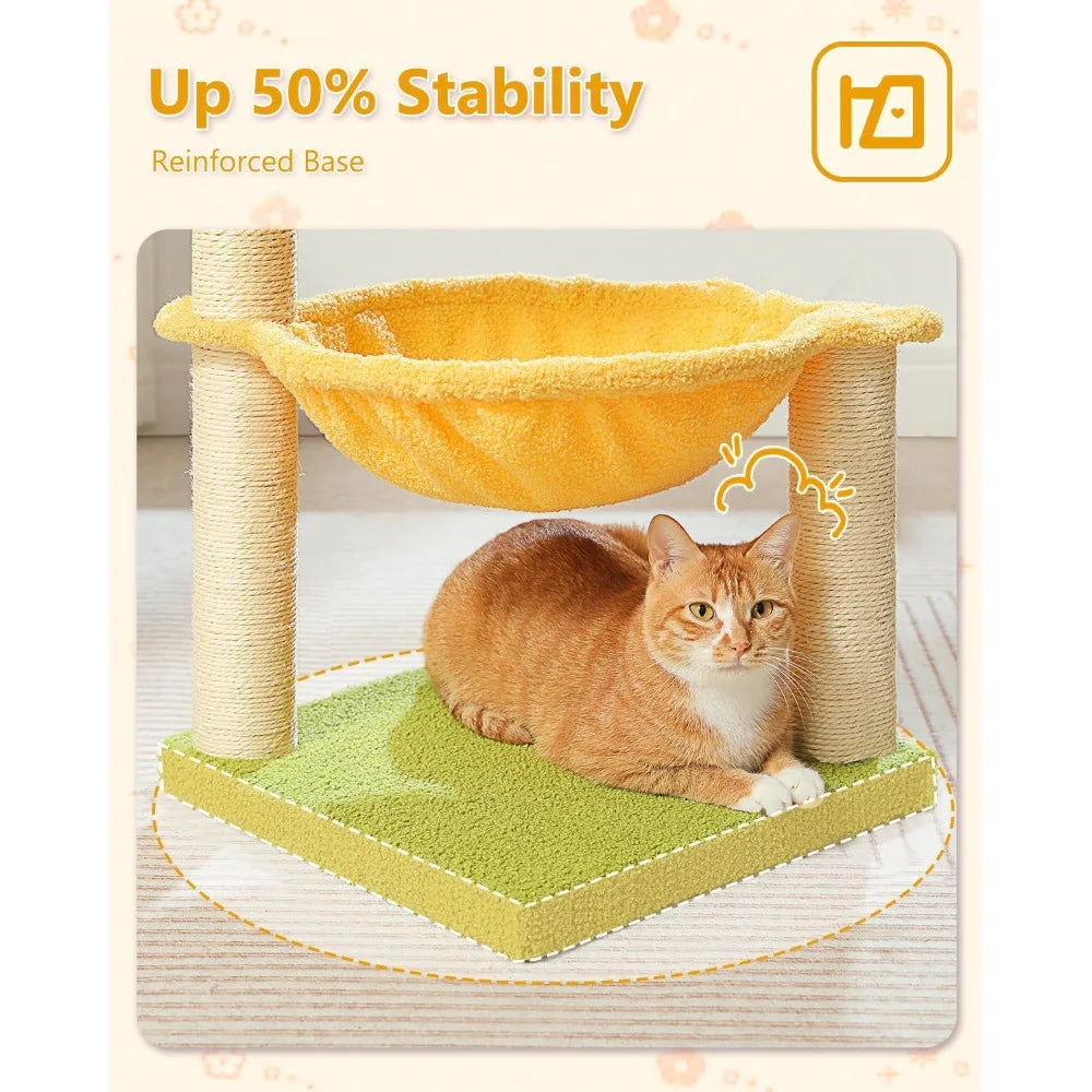 1 Unit Yellow Flower Cat Tree 28" – Top Perch, Large Hammock, Scratching Post – Toy Ball – for Kittens, Small Indoor Cats