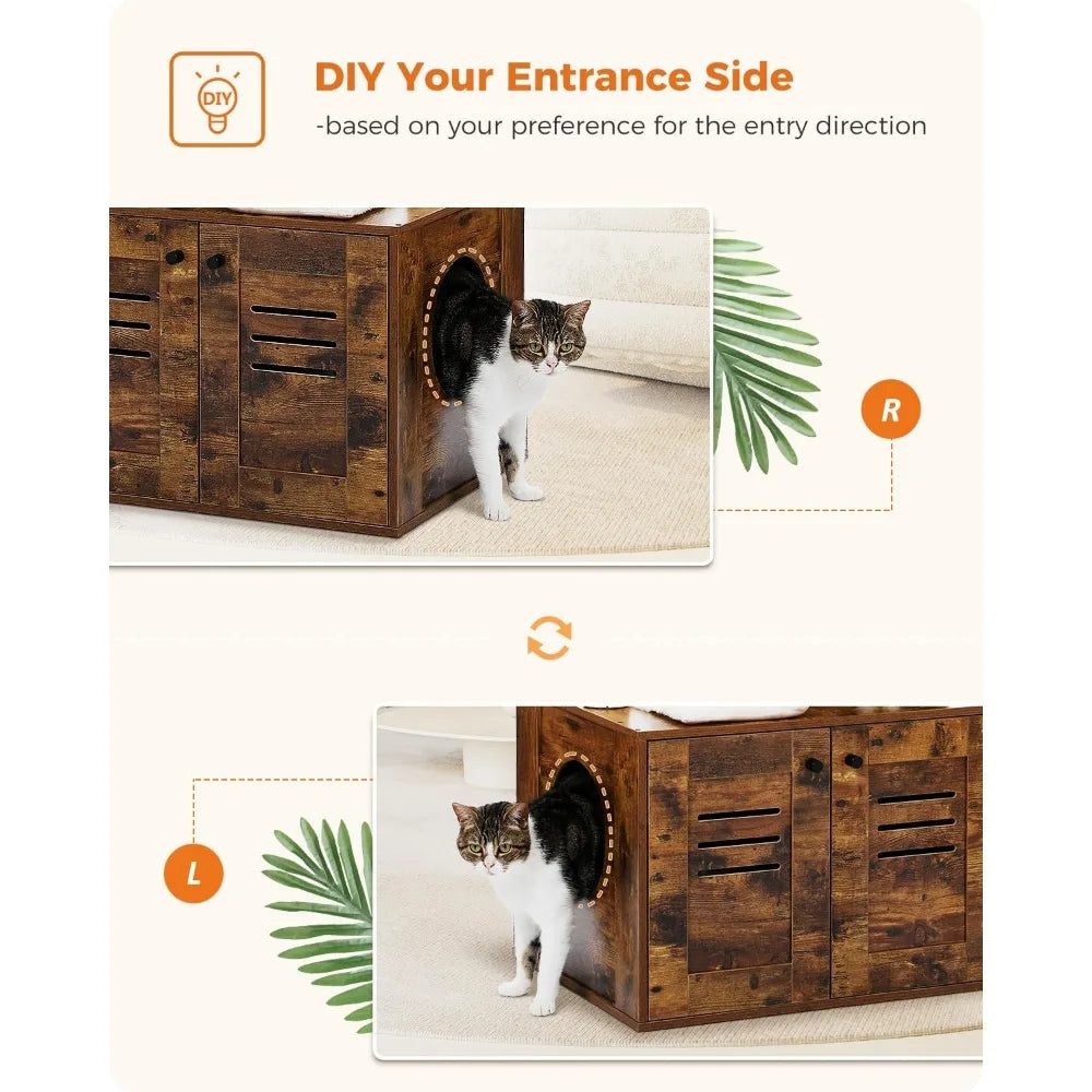Cat Tree with Litter Box Enclosure, 50" Modern Cat Tree for Large/Fat Cats with Cat Condo, Wooden Cat Furniture with Large Hammo