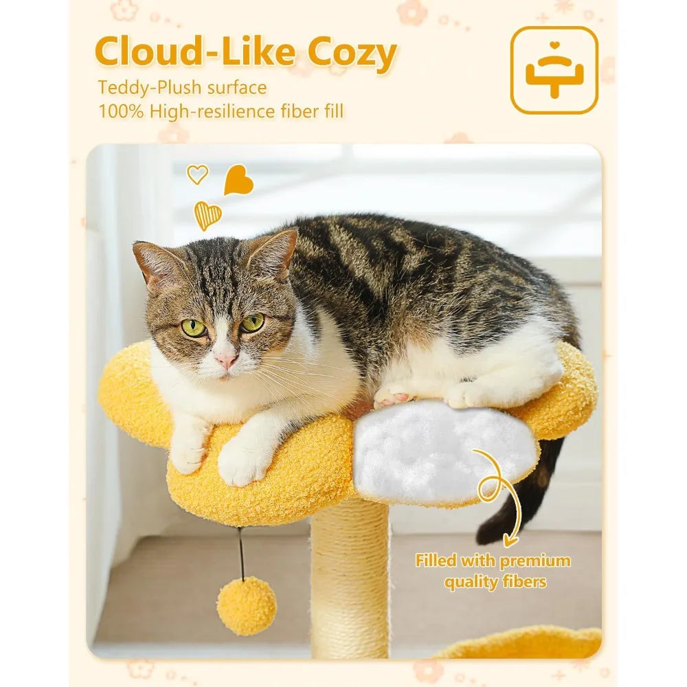 1 Unit Yellow Flower Cat Tree 28" – Top Perch, Large Hammock, Scratching Post – Toy Ball – for Kittens, Small Indoor Cats