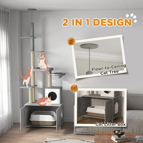 Floor-to-Ceiling Cat Tree with Hidden Litter Box Enclosure