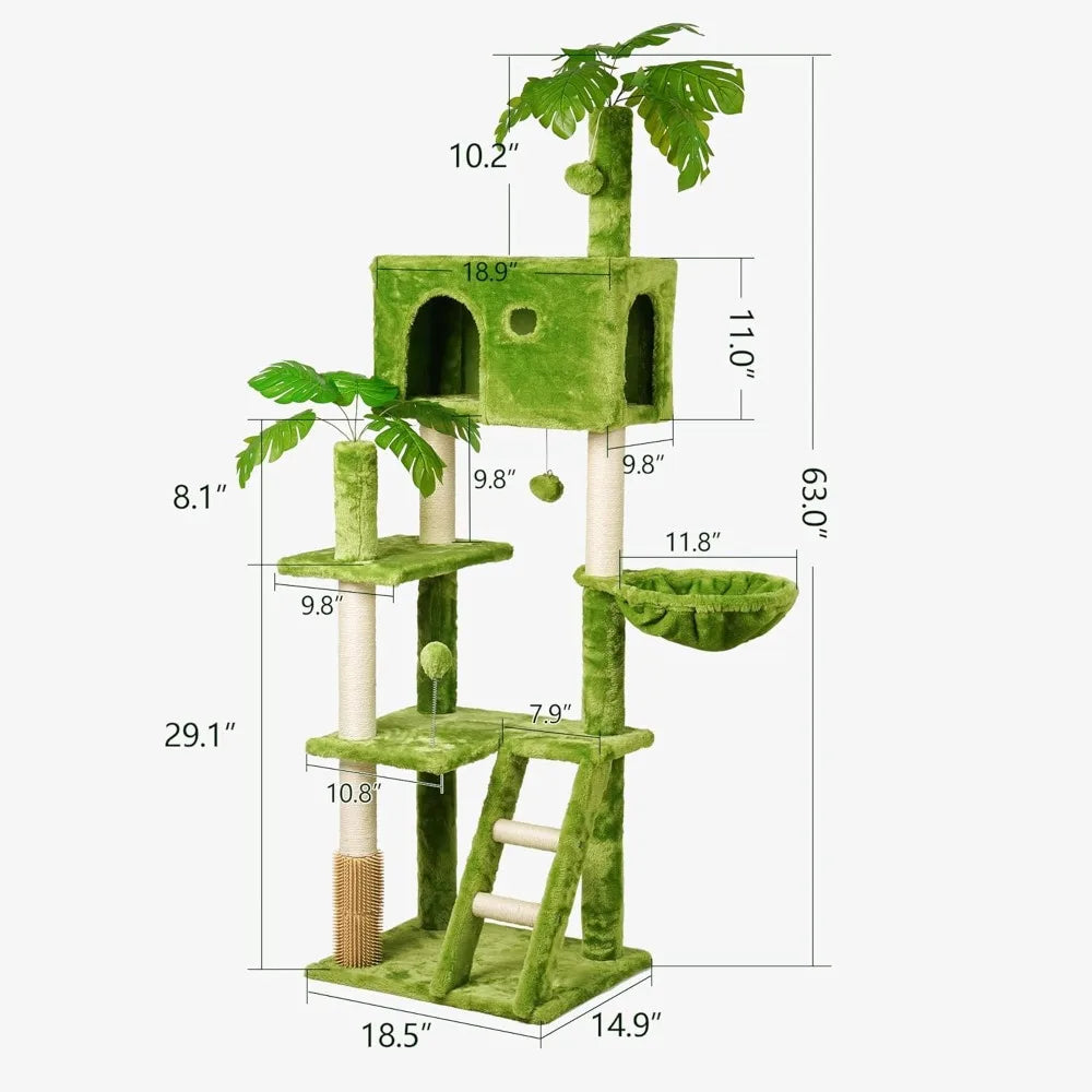 Large Cat Tree with Leaves for Indoor Cats Large Adult,65" Green Cat Tower with Scratching Post,Hanging Hammock,Cozy Perch,Swing