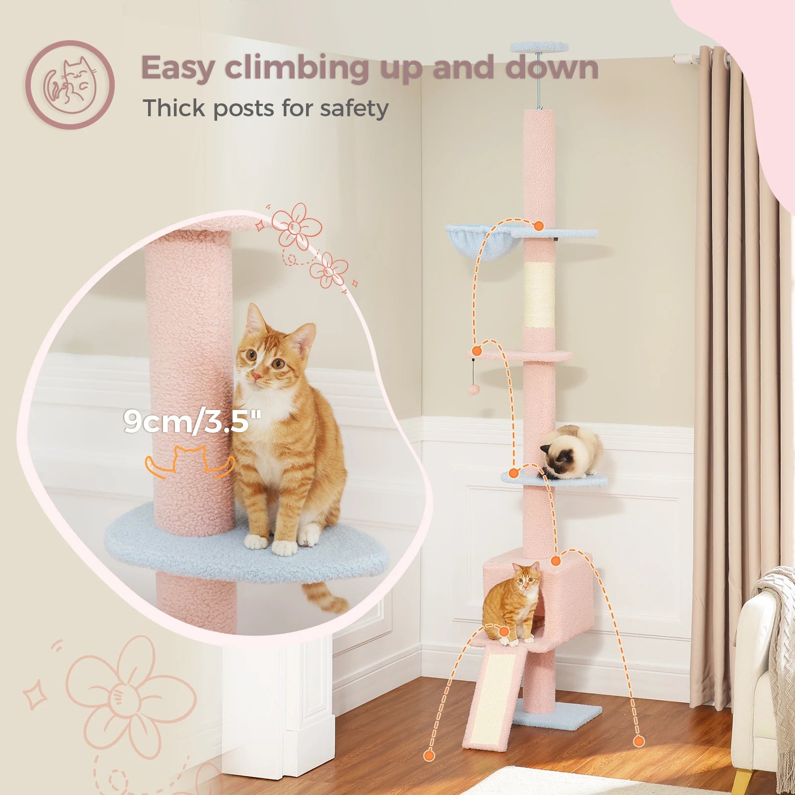 5 Tiers Floor to Ceiling Cat Tree Tower Climbing Tree Adjustable Height for Indoor Cats with Condo Scratching Post Ladders